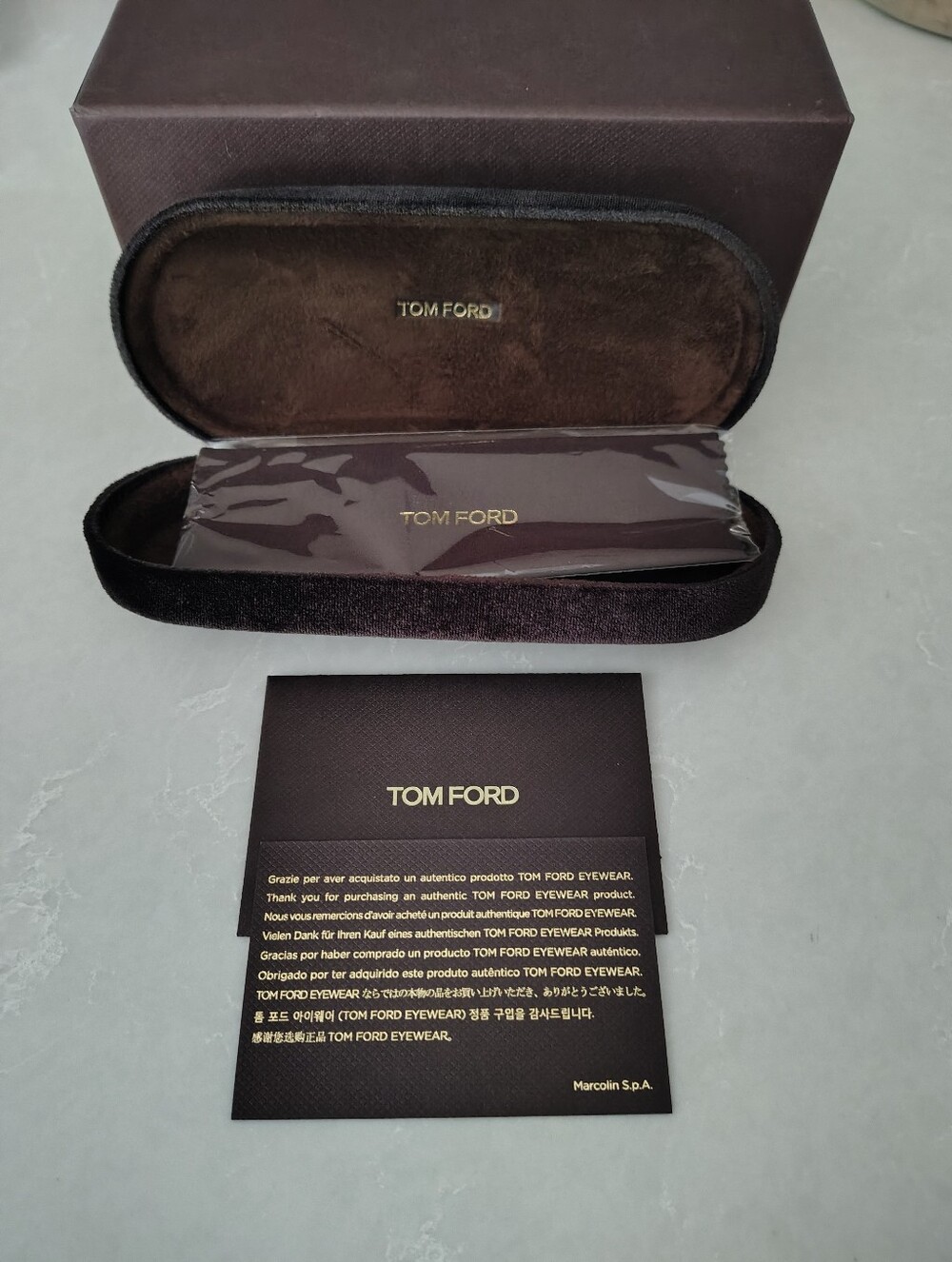TOM FORD Authentic Eyewear Packaging Set Box,Velvet Hard Case, Cloth, Card Brown
